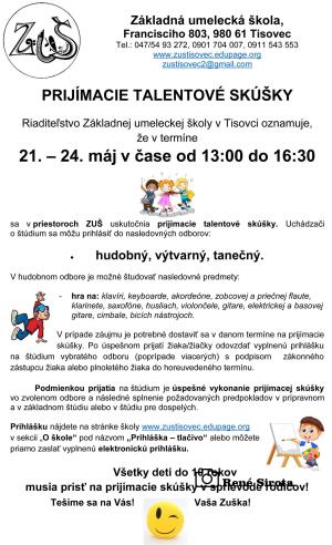 PRIJÍMACIE TALENTOVÉ SKÚŠKY - Základná umelecká škola 1